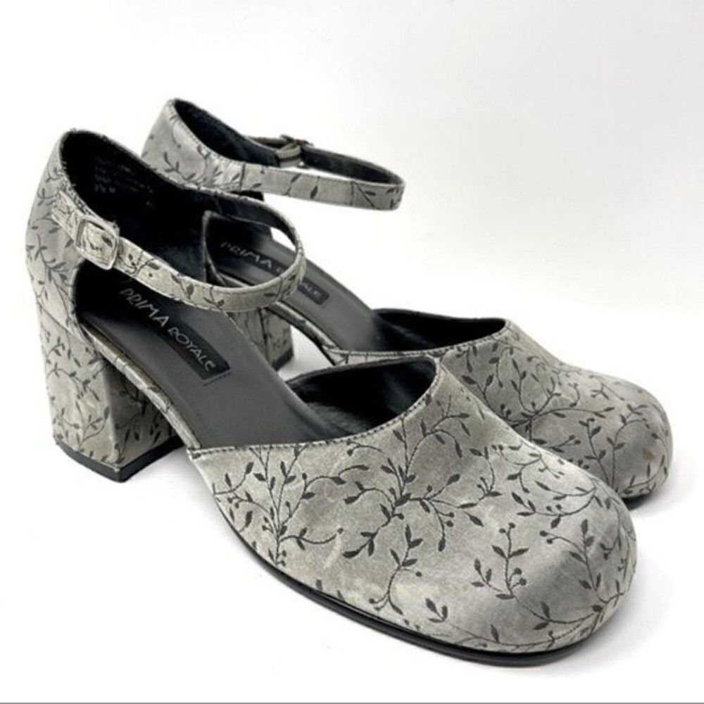 Prima Royale heels 90s Y2K gray floral pattern ankle strap round toe chunky 9.5M